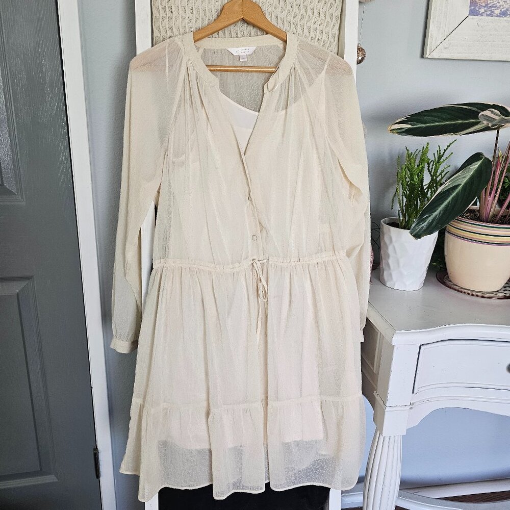 Lauren Conrad Cream Sheer Dress | Size L Long Sleeve with Slim Built-In Slip